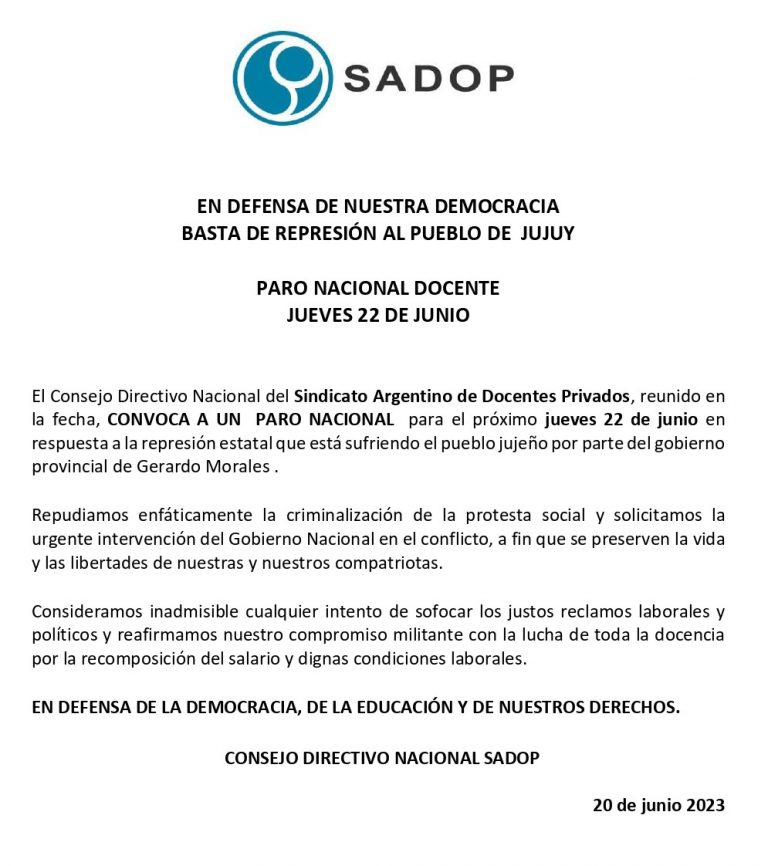 Comunicado de SADOP sobre el paro de mañana: ¿Tucumán tendrá clases?