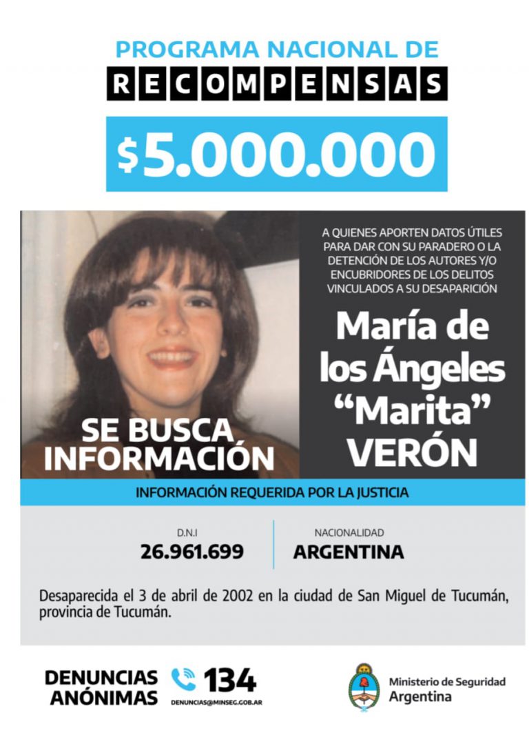Millonaria recompensa por datos sobre Marita Verón