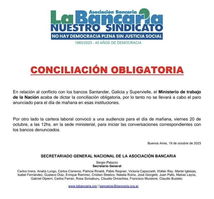 Conciliación obligatoria: no habrá paros de bancos mañana