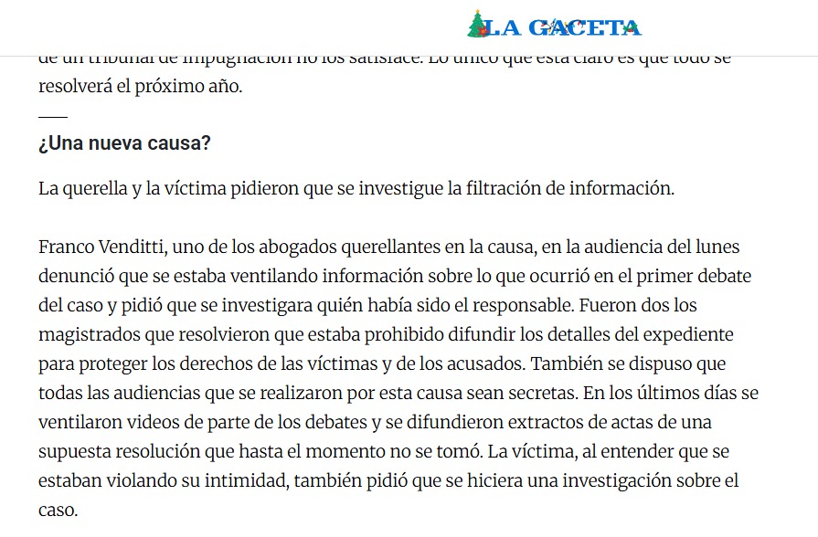 A modo de terrorismo censor, La Gaceta apoya las operaciones creadas por abogados cisneristas.
