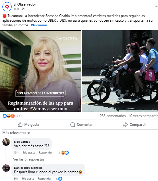 El post en Facebook contra Chahla que fue compartido 40 veces.