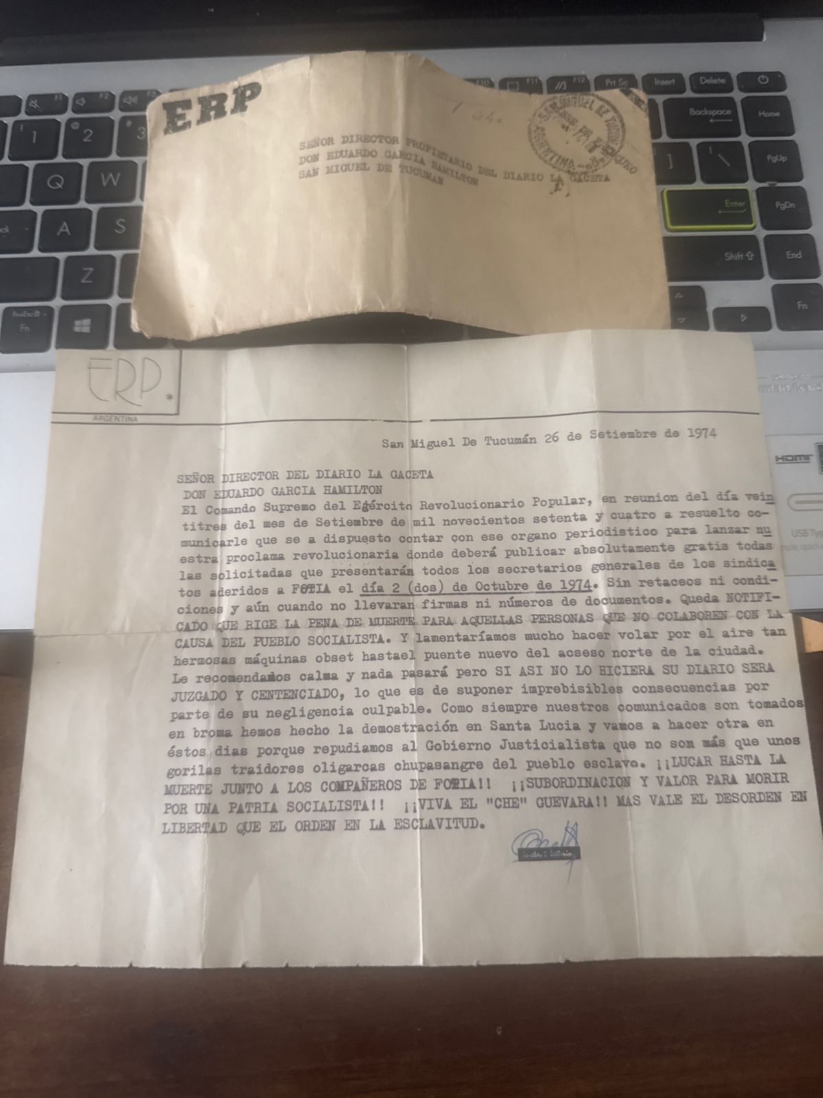 La amenaza con la "Pena de Muerte" del ERP al director de La Gaceta.