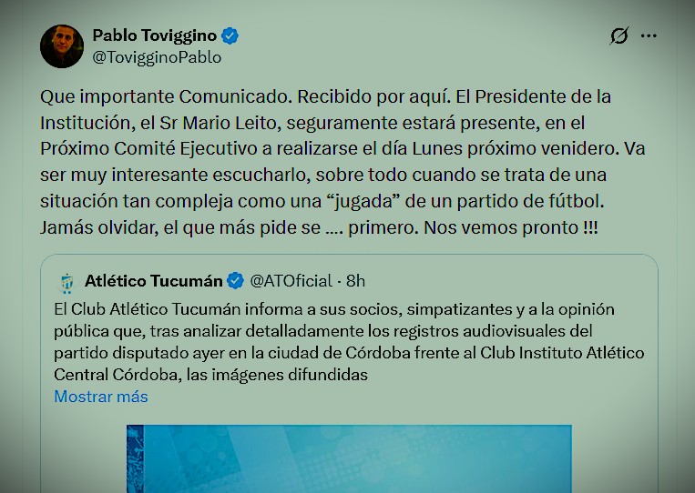 La grave amenaza mafiosa de Toviggino contra Atlético por su reclamo sobre el árbitro