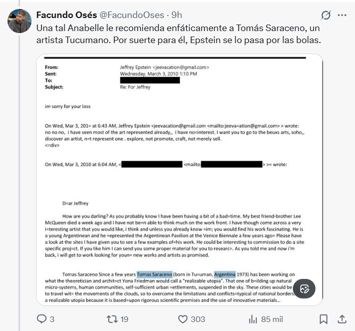 El Tweet recibido por Epstein en el que es recomendada la obra de Saraceno.