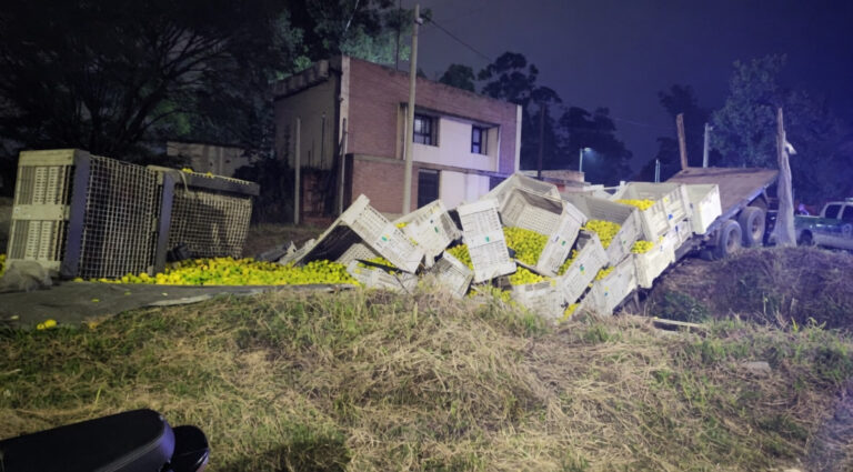 Un acoplado cargado con limones se desprendió de un camión y cayó a una acequia en la ruta alternativa de Alderetes