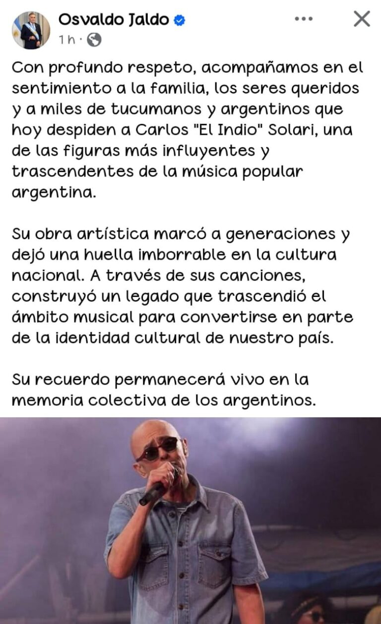 El gobernador Osvaldo Jaldo se suma al duelo por la partida de Carlos “El Indio” Solari, ícono del rock nacional