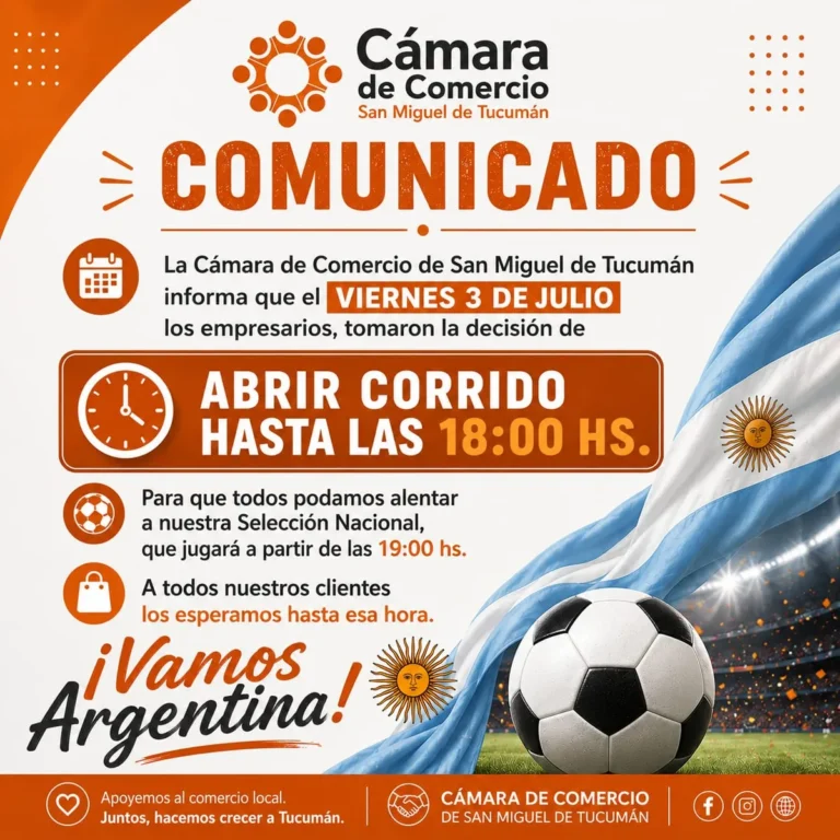 El Comercio atenderá el 3 de julio en horario corrido hasta las 18 horas para acompañar a la Selección Argentina