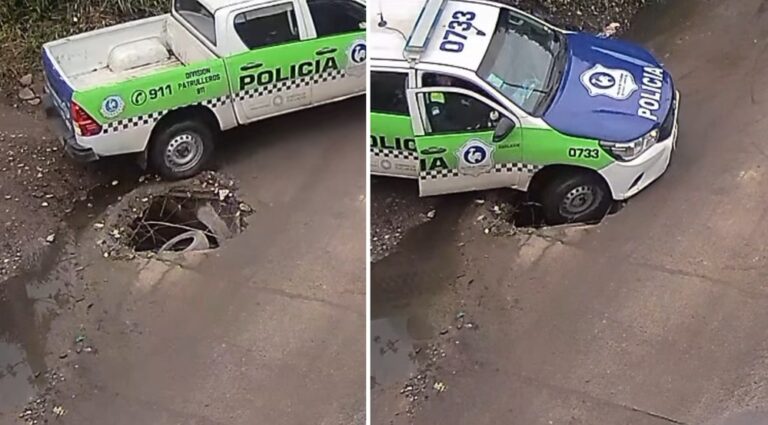 Se viralizó un video de un patrullero atrapado en un pozo y volvieron los reclamos por el estado de las calles en la Capital