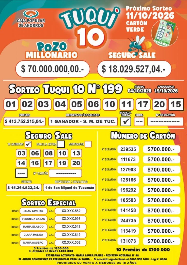 Planilla del Tuqui 10, sorteo 199